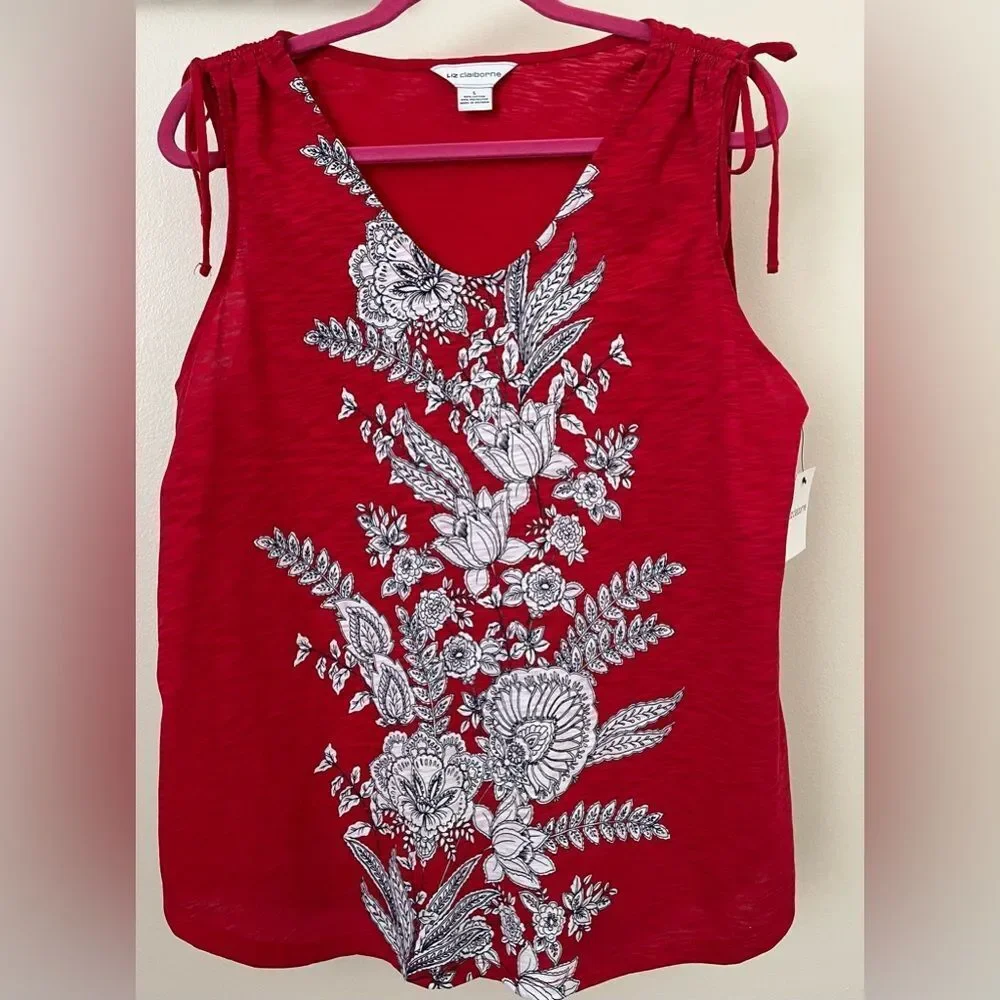 Liz Claiborne Red Floral V-Neck Sleeveless Tie Shoulders Tank Top NEW - Picture 2 of 14